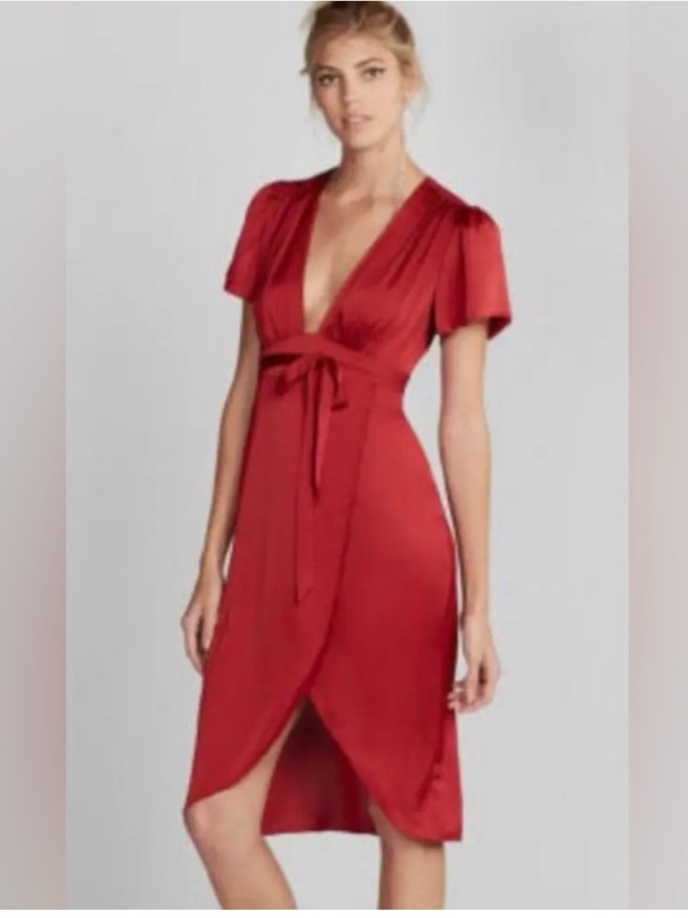 Express Red Wrap Midi Dress with Tie Waist